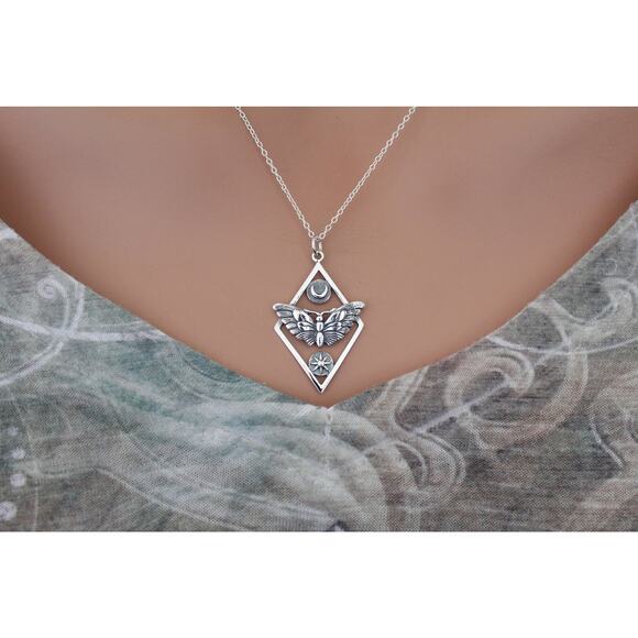Sterling Silver Geometric Moth Charm with Sun and Moon Necklace - Picture 2 of 6